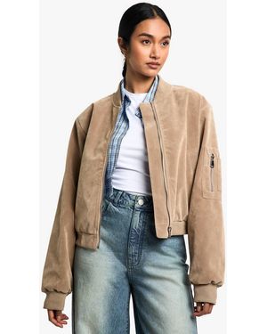 Boohoo Suede Look Shoulder Pad Bomber Jacket - Blue