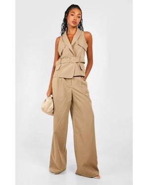 Boohoo Pleat Front Wide Leg Tailored Pants - Natural