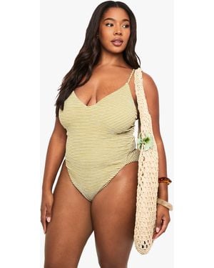 Boohoo Plus Textured Stripe Scoop Bathing Suit - Green