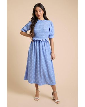 Dorothy Perkins Petite Puff Sleeve Spot Shirred Bodice Peplum Midi Dress - Blue