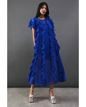 Warehouse Chiffon Ruffle Tendril Sleeveless Midaxi Dress - Blue