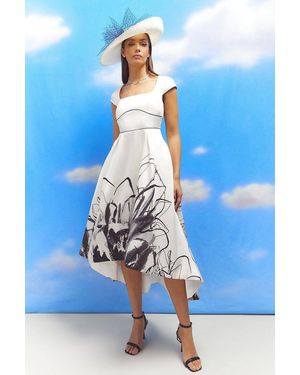 Coast Lisa Tan Floral Placement Print Twill Midi Dress - Blue