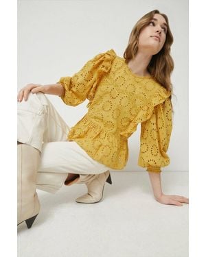 Warehouse Petite Broderie Frill Front Lace Insert Top - Yellow