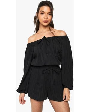 Boohoo Textured Crinkle Bardot Playsuit - Black