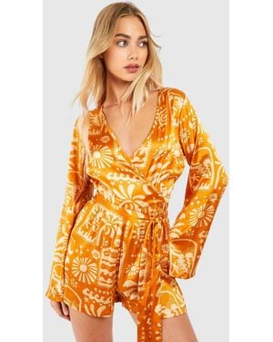 Boohoo Printed Wrap Tie Playsuit - Orange