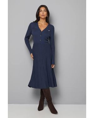 Wallis Statement Button Pleated Knitted Dress - Blue