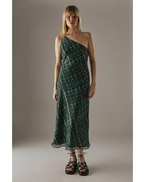 Warehouse Metallic Chiffon One Shoulder Bias Midi Dress - Green