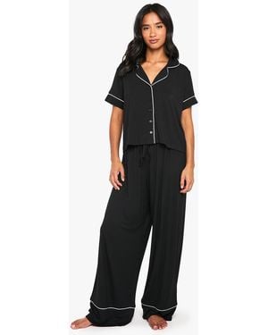 Boohoo Petite Premium Modal Piping Detail Short Sleeve Shirt & Pants Pajama Set - Black