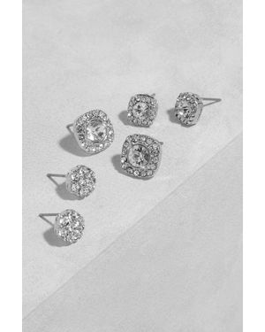 Boohoo Pack De 3 Pares De Pendientes Plateados Cuadrados Con Incrustaciones - Gris