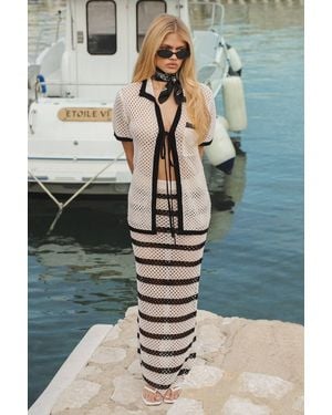 Boohoo Crochet Tie Front Oversized Shirt And Stripe Maxi Skirt Co-Ord - Gray