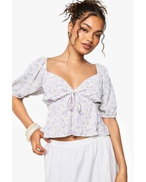 Boohoo Woven Floral Print Puff Sleeve Smock Top - White