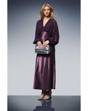 Oasis Plain Balloon Sleeve V Neck Satin Chiffon Mix Midaxi Dress - Blue