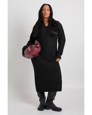 Boohoo Plus Soft Knit Thick Rib Collar Detail Maxi Dress - Black