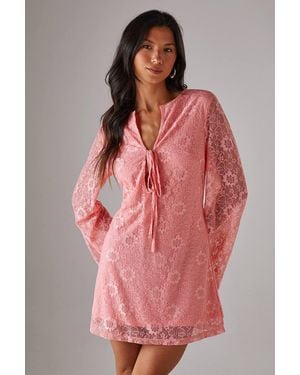 Warehouse Lace Tie Front Flare Sleeve Mini Dress - Pink