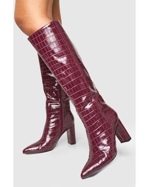 Boohoo Wide Fit Croc Pointed Knee High Heeled Boots - Red