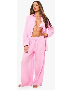 Boohoo Linen Wide Leg Beach Pants - Pink