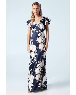Coast Petite Dahlia Floral Printed Satin Ruffle Sleeve Bridesmaid Dress - Blue