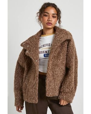 Boohoo Funnel Neck Textured Wool Look Jacket - Brown