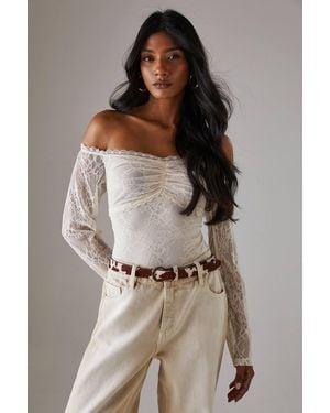 Warehouse Lace Bardot Bow Detail One Piece - Brown