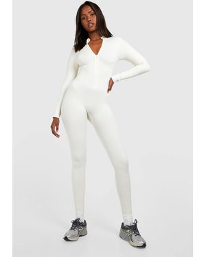 Boohoo Seamless Zip Up Unitard - White
