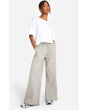 Boohoo Nylon Drawstring Waist Straight Leg Cargo Trouser - White
