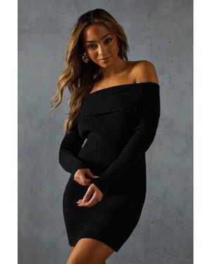 MissPap Knitted Rib Bardot Bodycon Mini Dress - Black