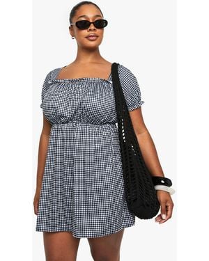 Boohoo Plus Gingham Puff Sleeve Smock Dress - Grey