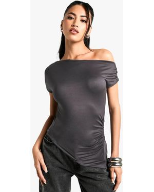 Boohoo Supersoft Drape Off Shoulder Ruched Top - Black