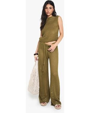 Boohoo Crochet Knitted High Neck Top And Wide Leg Trouser - Green