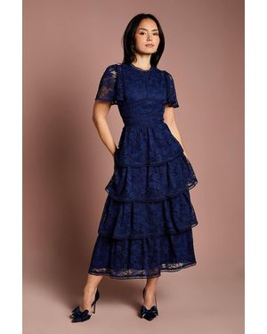 Coast Petite Tiered Lace Dress With Flutter Sleeve & Trims - Blue