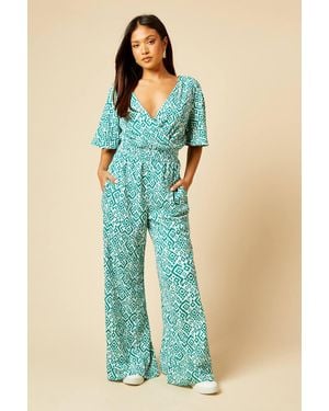Dorothy Perkins Petite Wrap Front Angel Sleeve Jersey Jumpsuit - Blue