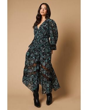 Oasis Paisley Pleated Lace Trim Insert Wrap Midi Dress - Blue