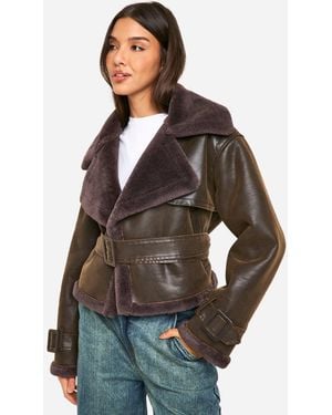 Boohoo Luxe Faux Fur Trim Belted Aviator - Brown