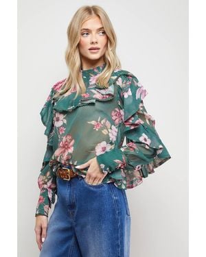Oasis Printed Frill Yoke High Neck Blouse - Blue