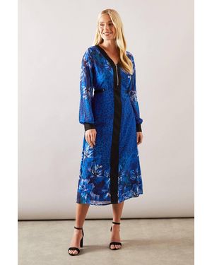 Wallis Petite Zip Front Floral Border Chiffon Midi Dress - Blue