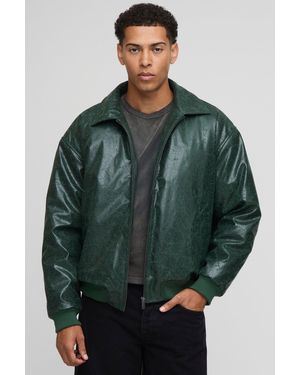 Boohoo Oversized Creased Pu Collared Bomber Jacket - Green