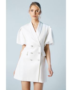 Oasis Puff Sleeve Tailored Mini Bridal Blazer Dress With Jewel Buttons - White