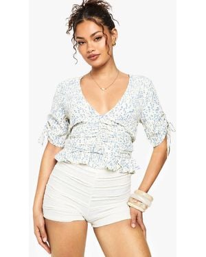 Boohoo Woven Floral Print Frill Top - White