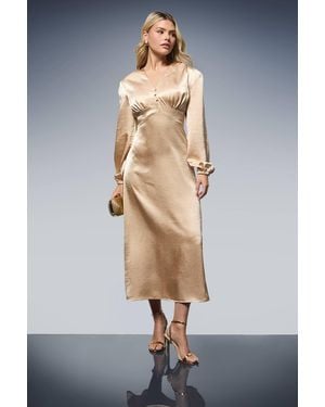 Dorothy Perkins Dp Luxe Button Detail Blouson Sleeve Satin Midaxi Dress - White