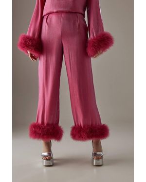 Warehouse Premium Iridescent Feather Cuff Wide Leg Pants - Red