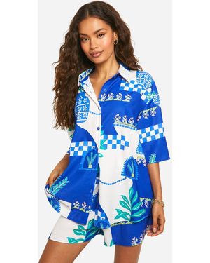 Boohoo Hammered Boho Print Oversized Shirt & Shorts Set - Blue
