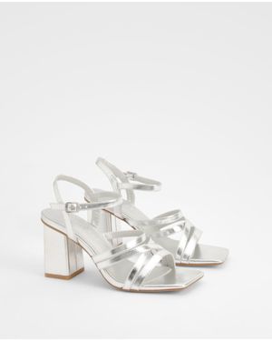 Boohoo Metallic Square Toe Strappy Two Part Block Heels - White