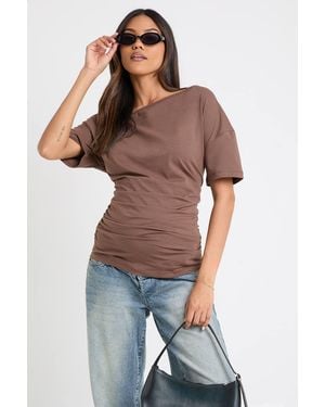 Boohoo Maternity Off The Shoulder Short Sleeve T-Shirt - Brown
