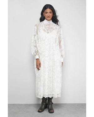 Warehouse Lace High Neck Smock Midi Dress - White