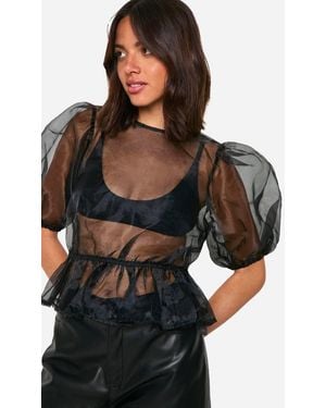 Boohoo Organza Tie Back Puff Sleeve Top - Black