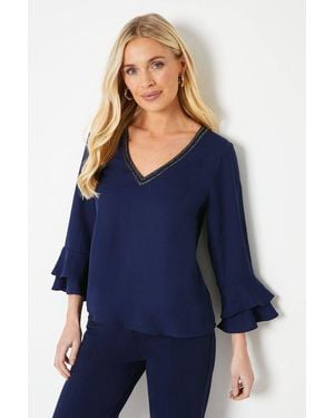 Wallis Petite Occasion Embellished Ruffle Sleeve Blouse - Blue