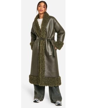 Boohoo Teddy Trim Belted Faux Leather Coat - Green