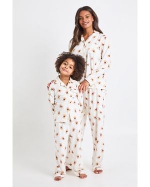 Boohoo Matching Family Bear Print Baby Fleece Long Sleeve Shirt & Pants Pyjama Set - White