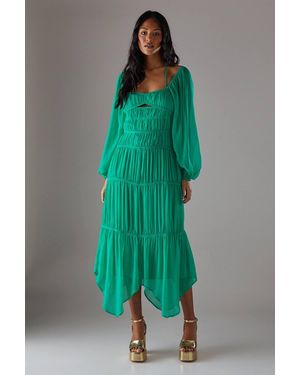 Warehouse Chiffon Gathered Seam Halter Tie Hanky Hem Midi Dress - Green