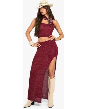 Boohoo Sequin Knit Sheer Cami Top And Split Side Maxi Skirt - Red